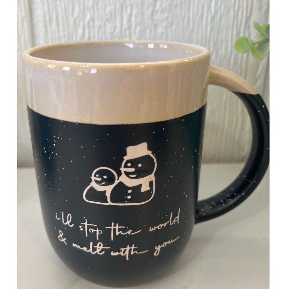 Cute Snowman Couple Mug I'll Stopβ The World Melt With You Black Cream Speckled